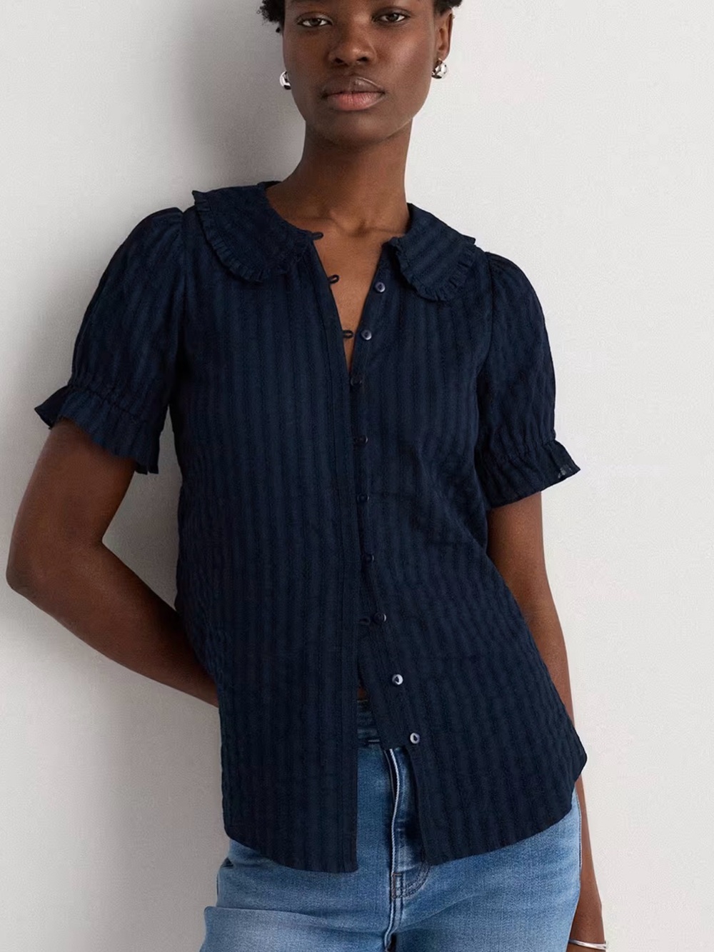 Quince Navy Textured Ruffled-Collar Button Down Top